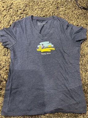Life Is Good Happy Hour Graphic V-Neck Tee - Size Small Navy Blue